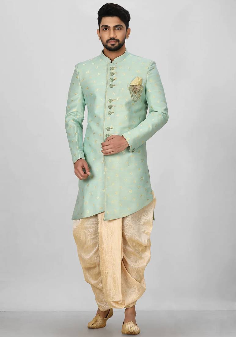 Sea green anghrakha pattern work indo western