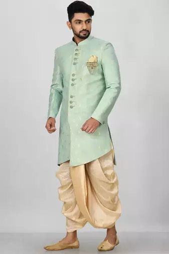 Sea green anghrakha pattern work indo western