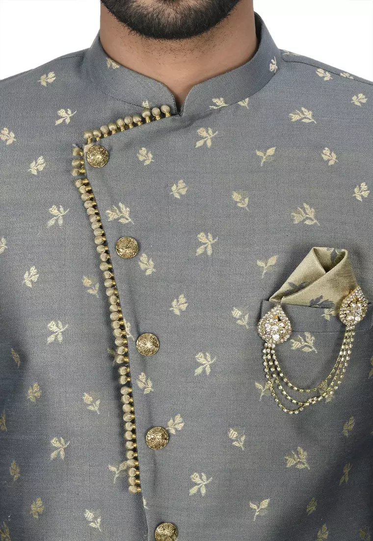 Dark grey anghrakha pattern work indo western