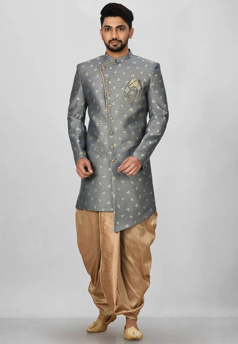 Dark grey anghrakha pattern work indo western