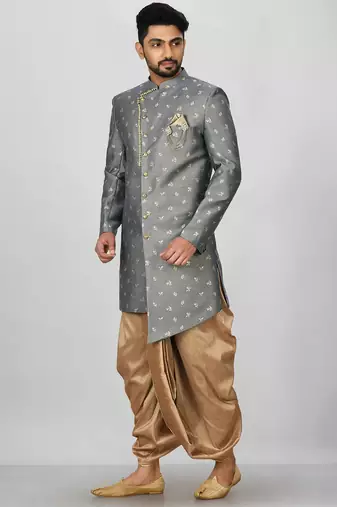 Dark grey anghrakha pattern work indo western