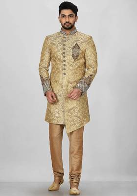 Gold straight pattern work on zari jamewar fabric with hand work on collar ,hand and front indo western 1