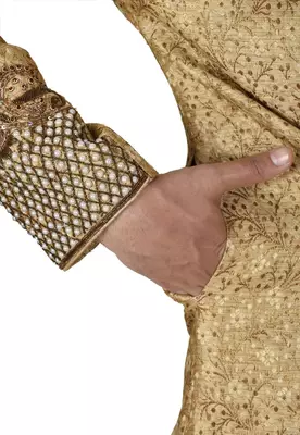 Gold straight pattern work on zari jamewar fabric with hand work on collar ,hand and front indo western 3