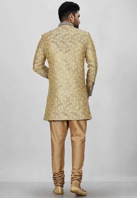 Gold straight pattern work on zari jamewar fabric with hand work on collar ,hand and front indo western 4