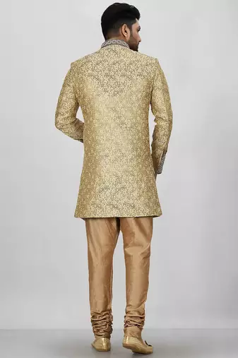 Gold straight pattern work on zari jamewar fabric with hand work on collar ,hand and front indo western