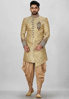Gold straight pattern work on zari jamewar fabric with hand work on collar ,hand and front indo western 1