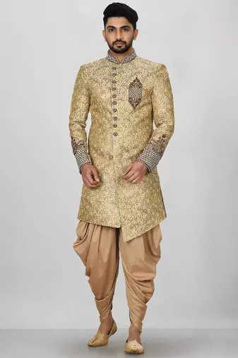 Gold straight pattern work on zari jamewar fabric with hand work on collar ,hand and front indo western