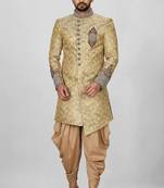 Gold straight pattern work on zari jamewar fabric with hand work on collar ,hand and front indo western