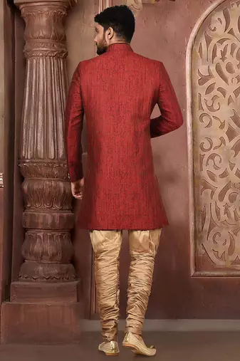 Red anghrakha pattern work with mahroon pipe in indo western