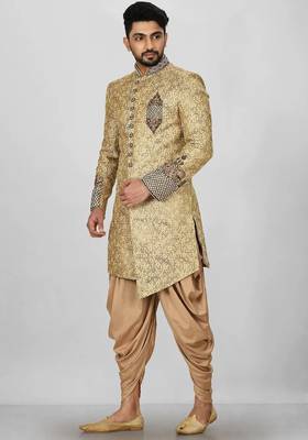 Gold straight pattern work on zari jamewar fabric with hand work on collar ,hand and front indo western 4