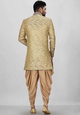 Gold straight pattern work on zari jamewar fabric with hand work on collar ,hand and front indo western 5