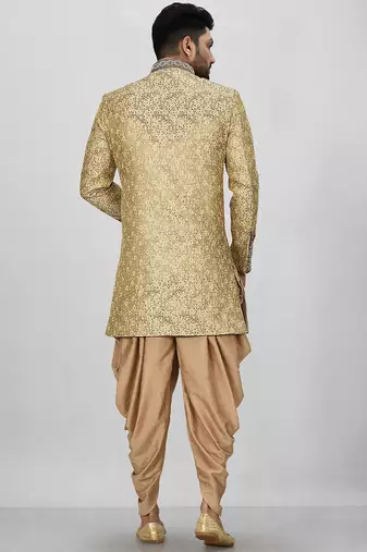 Gold straight pattern work on zari jamewar fabric with hand work on collar ,hand and front indo western