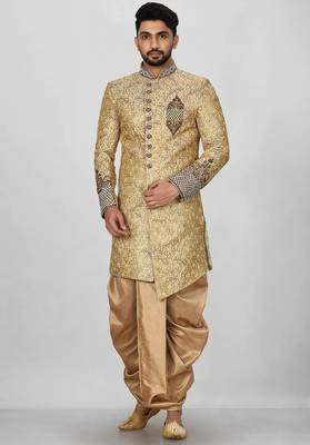 Gold straight pattern work on zari jamewar fabric with hand work on collar ,hand and front indo western 1