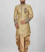 Gold straight pattern work on zari jamewar fabric with hand work on collar ,hand and front indo western