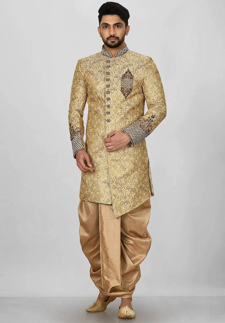 Gold straight pattern work on zari jamewar fabric with hand work on collar ,hand and front indo western