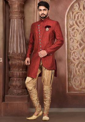 Red anghrakha pattern work with mahroon pipe in indo western 1