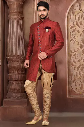 Red anghrakha pattern work with mahroon pipe in indo western