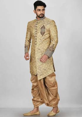 Gold straight pattern work on zari jamewar fabric with hand work on collar ,hand and front indo western 4