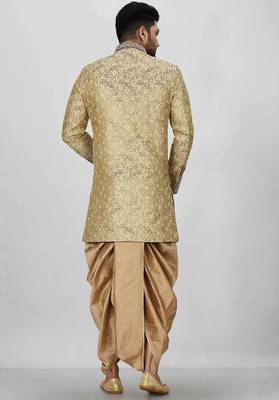 Gold straight pattern work on zari jamewar fabric with hand work on collar ,hand and front indo western 5