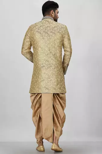 Gold straight pattern work on zari jamewar fabric with hand work on collar ,hand and front indo western