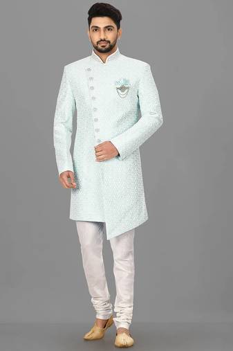 Mint anghrakha pattern work with hand work on collar and button indo western