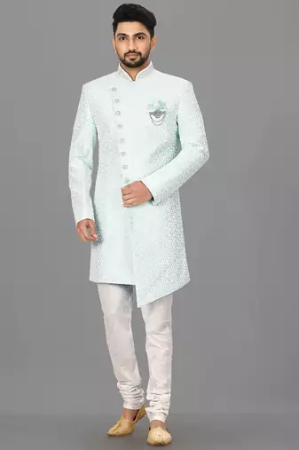 Mint anghrakha pattern work with hand work on collar and button indo western