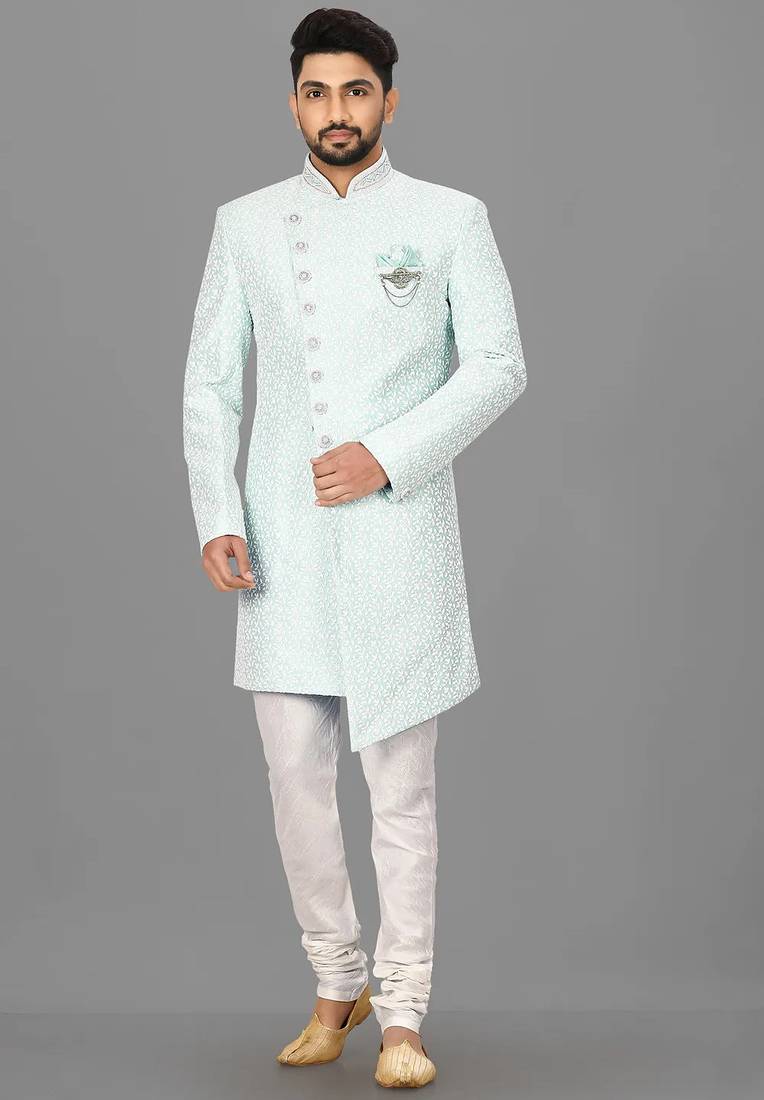 Mint anghrakha pattern work with hand work on collar and button indo western