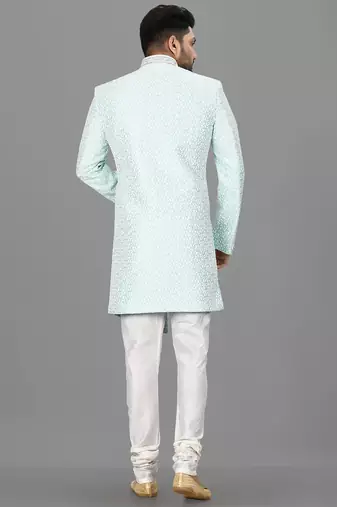 Mint anghrakha pattern work with hand work on collar and button indo western