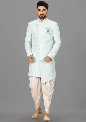 Mint anghrakha pattern work with hand work on collar and button indo western 1
