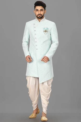 Mint anghrakha pattern work with hand work on collar and button indo western