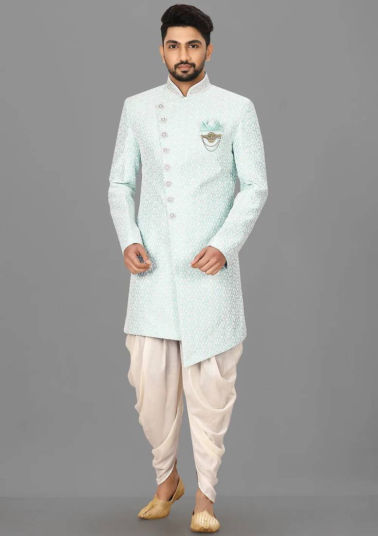 Mint anghrakha pattern work with hand work on collar and button indo western