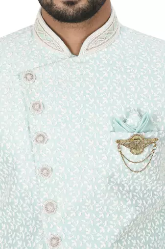Mint anghrakha pattern work with hand work on collar and button indo western