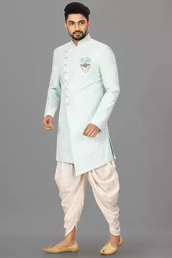 Mint anghrakha pattern work with hand work on collar and button indo western