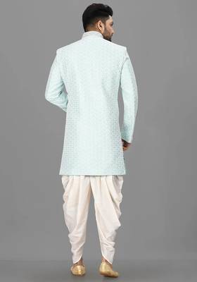 Mint anghrakha pattern work with hand work on collar and button indo western 5