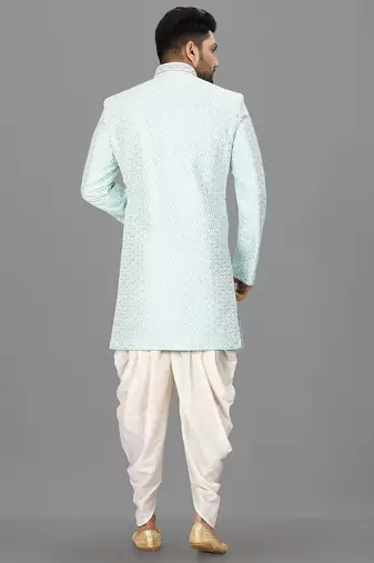 Mint anghrakha pattern work with hand work on collar and button indo western