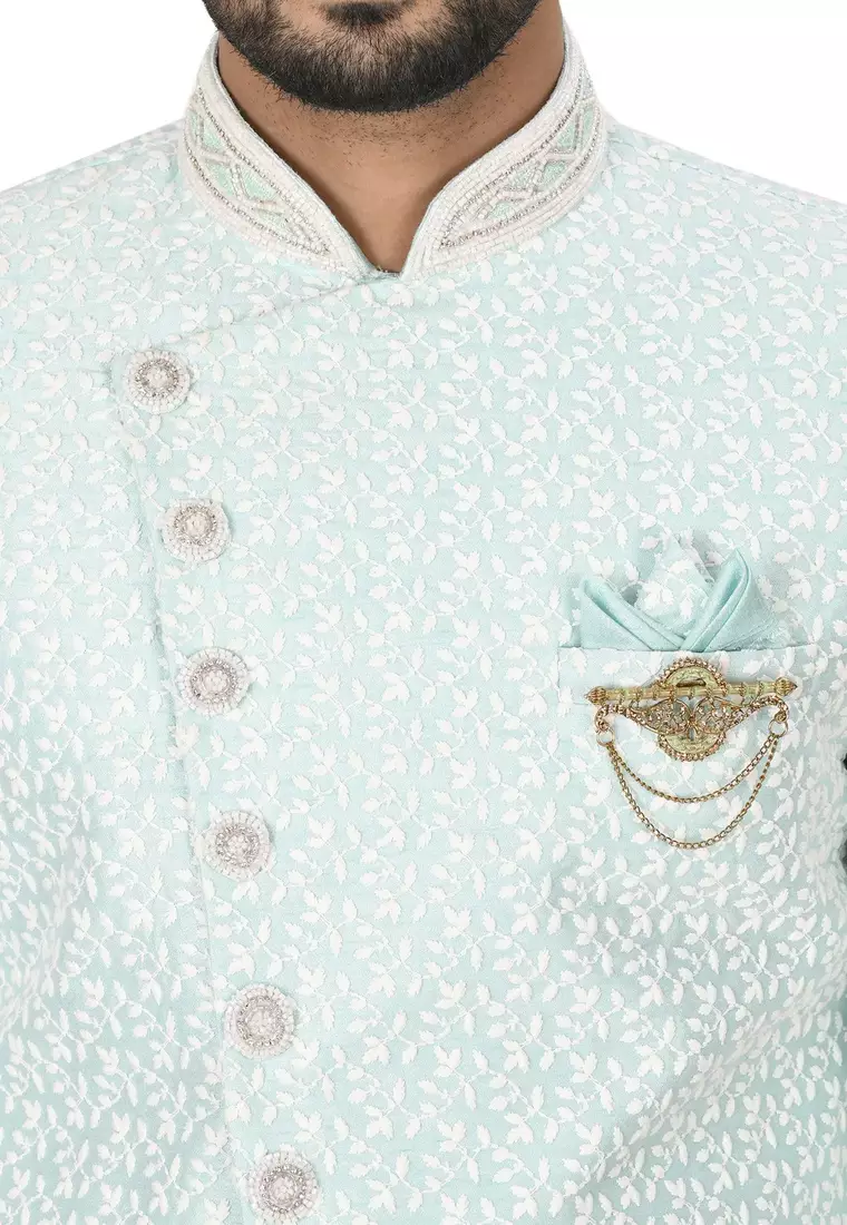 Mint anghrakha pattern work with hand work on collar and button indo western
