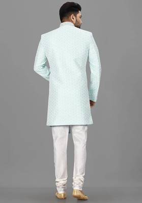 Mint anghrakha pattern work with hand work on collar and button indo western 3