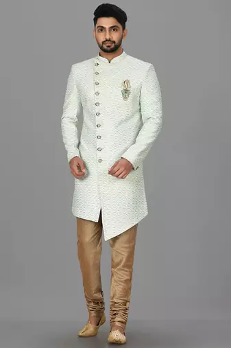 Sea green anghrakha pattern work indo western