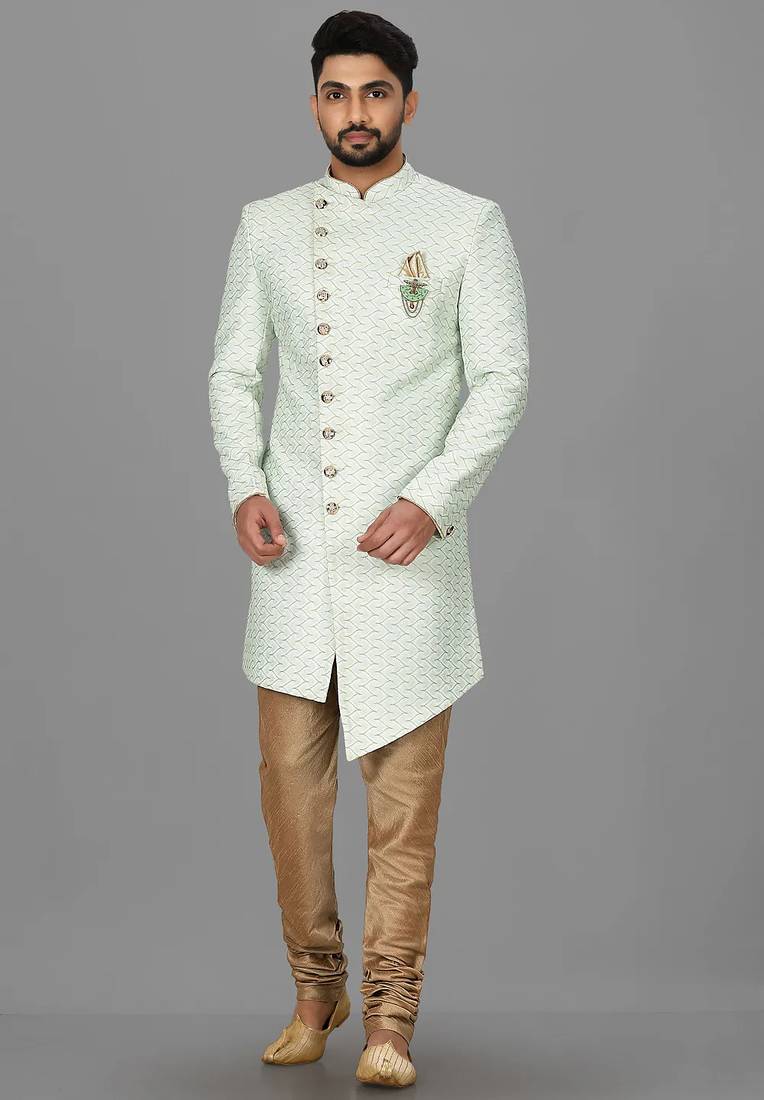 Sea green anghrakha pattern work indo western