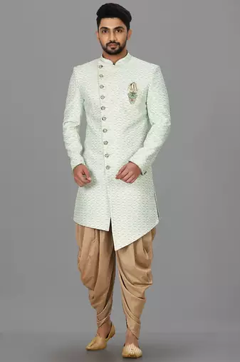 Sea green anghrakha pattern work indo western