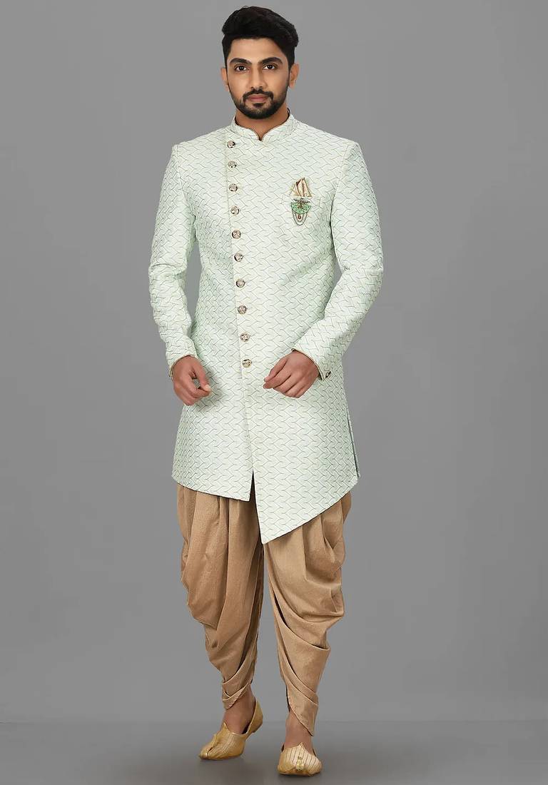 Sea green anghrakha pattern work indo western