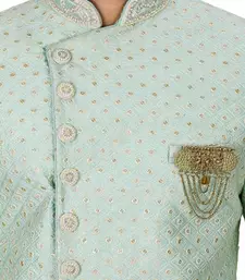 Teal blue dupion arts silk anghrakha design with hand work on collar and buttons indo western
