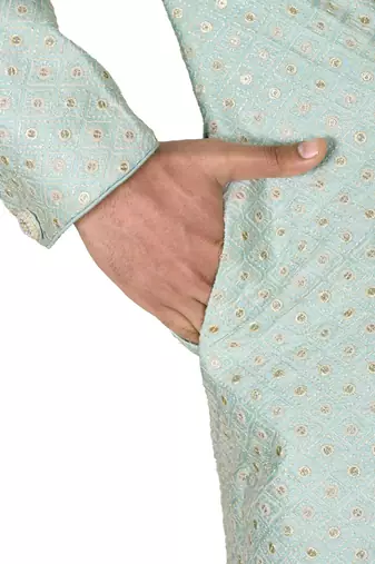 Teal blue dupion arts silk anghrakha design with hand work on collar and buttons indo western