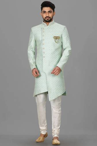 Teal blue dupion arts silk anghrakha design with hand work on collar and buttons indo western