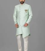 Teal blue dupion arts silk anghrakha design with hand work on collar and buttons indo western