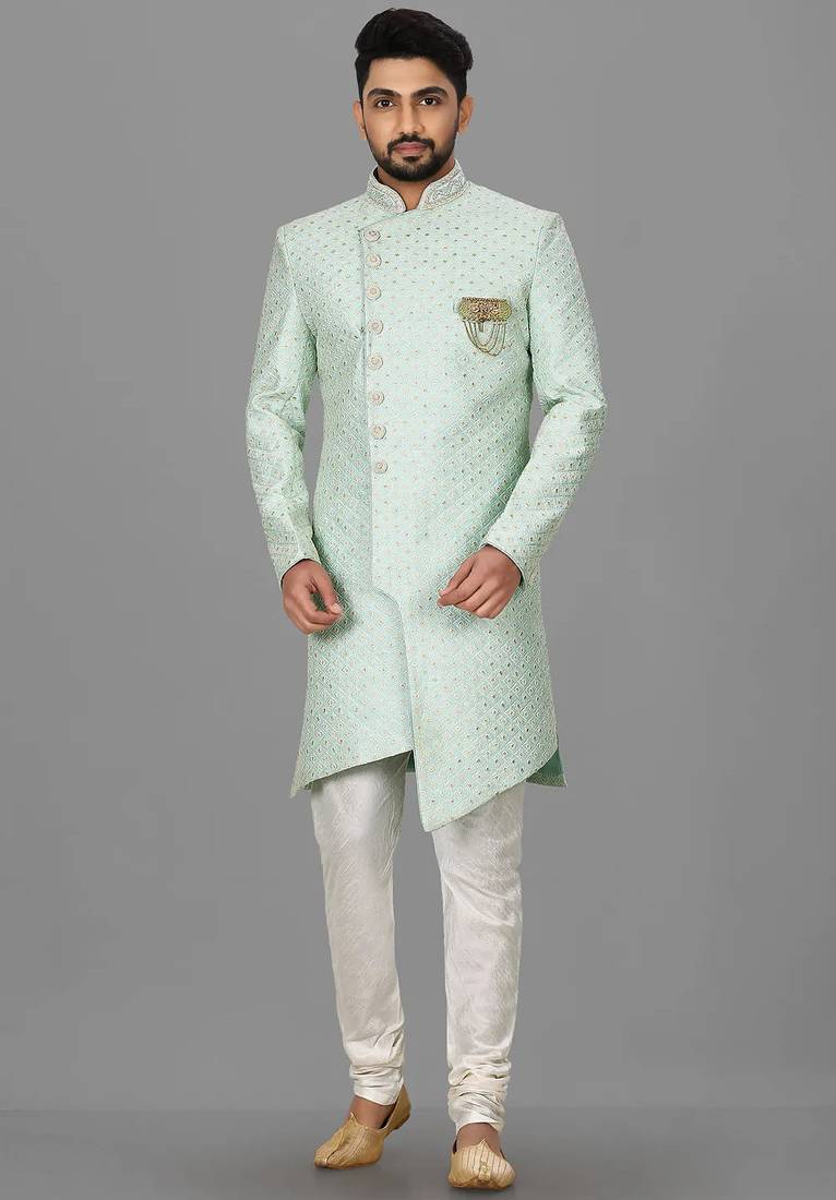 Teal blue dupion arts silk anghrakha design with hand work on collar and buttons indo western