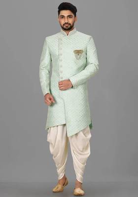 Teal blue dupion arts silk anghrakha design with hand work on collar and buttons indo western 1