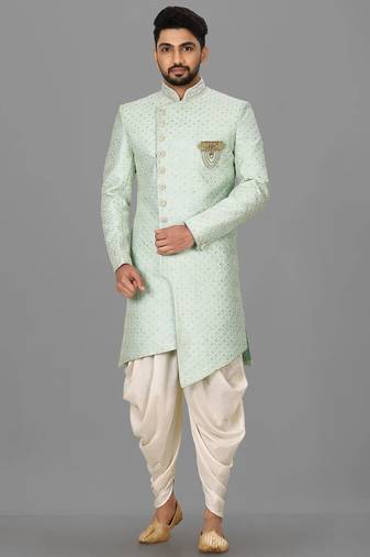 Teal blue dupion arts silk anghrakha design with hand work on collar and buttons indo western