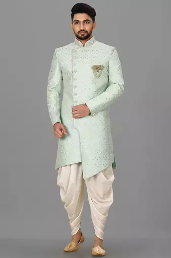 Teal blue dupion arts silk anghrakha design with hand work on collar and buttons indo western