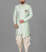 Teal blue dupion arts silk anghrakha design with hand work on collar and buttons indo western